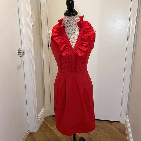 Marc New York Red COCKTAIL DRESS pockets Ruffle V-neck Sz 4 - Picture 1 of 10